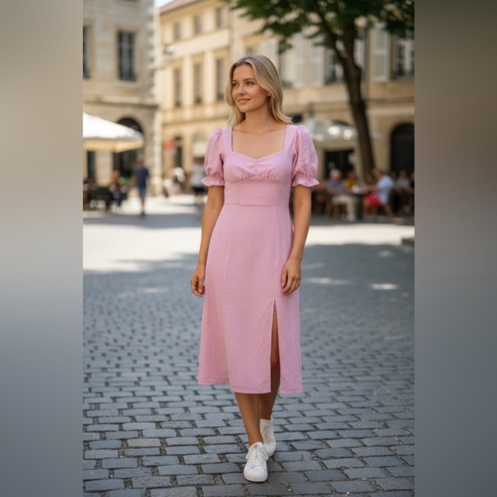 Vici Linen Dusty Rose Puff Sleeve Midi Dress